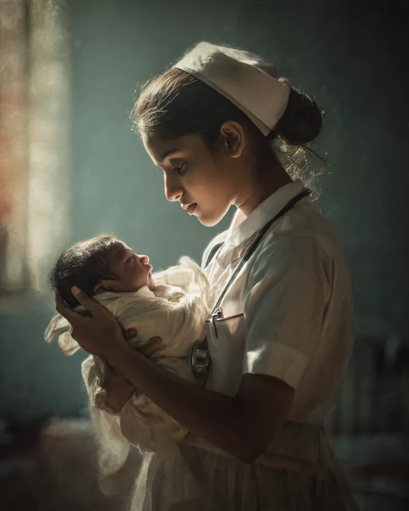A young nurse, wearing a white cap and uniform, gently cradles a newborn baby.  The scene is softly lit, creating a warm and tender atmosphere.  The nurse's expression is one of quiet devotion and care as she holds the infant close.  A stethoscope is visible around her neck, suggesting her medical profession. The overall image conveys a sense of hope and the preciousness of new life.