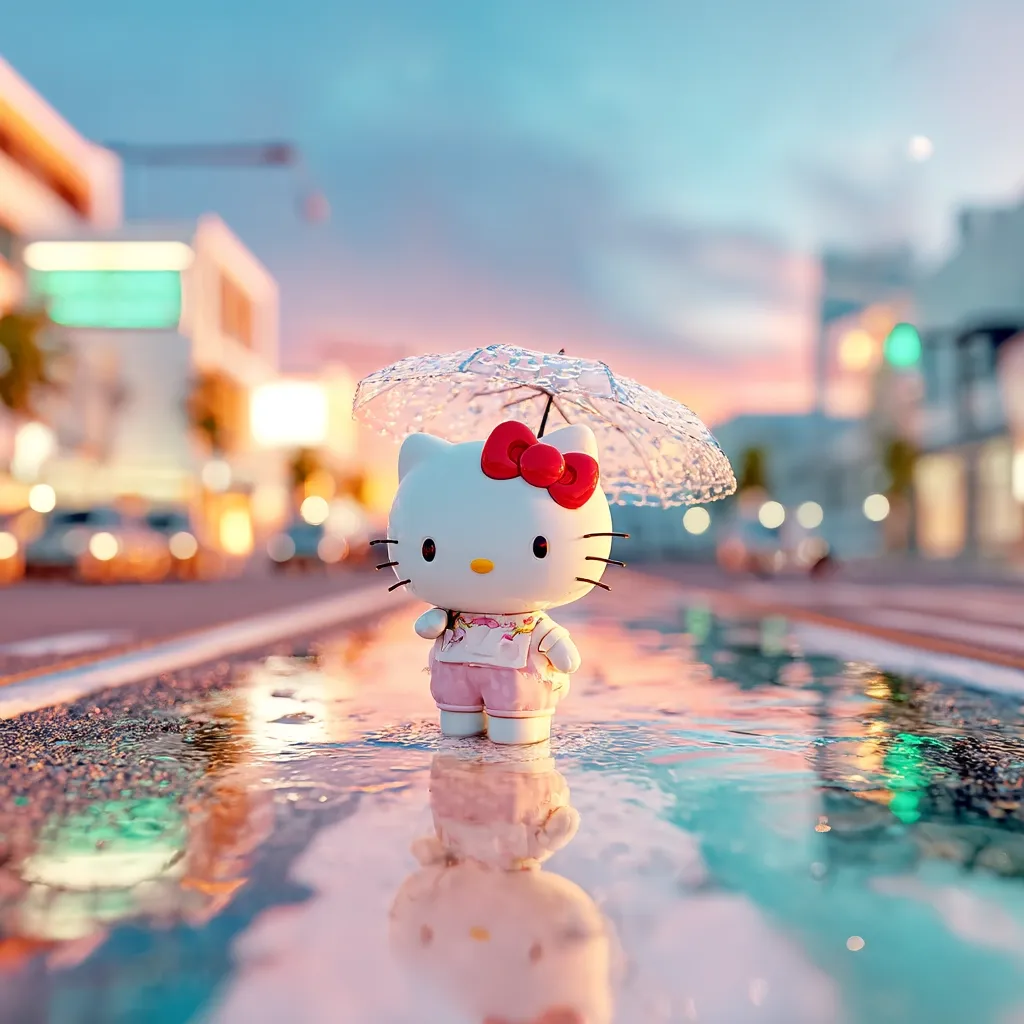 A charming 3D rendering depicts Hello Kitty, a beloved cartoon character, standing in a puddle on a city street at dusk.  She holds a transparent umbrella, shielding her from the light rain. The background is blurred, showcasing city lights and buildings, creating a dreamy, serene atmosphere.  Hello Kitty's reflection is perfectly mirrored in the wet pavement.