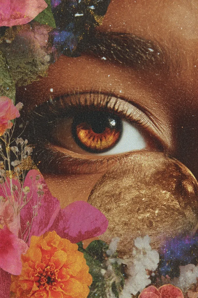 A close-up, artistic image features a woman's eye, adorned with glitter and surrounded by vibrant, textured flowers and a golden celestial body.  The warm tones of the eye and gold contrast beautifully with the bright pinks and oranges of the floral elements, creating a surreal and ethereal composition.  The overall effect is one of mystical beauty and cosmic wonder.
