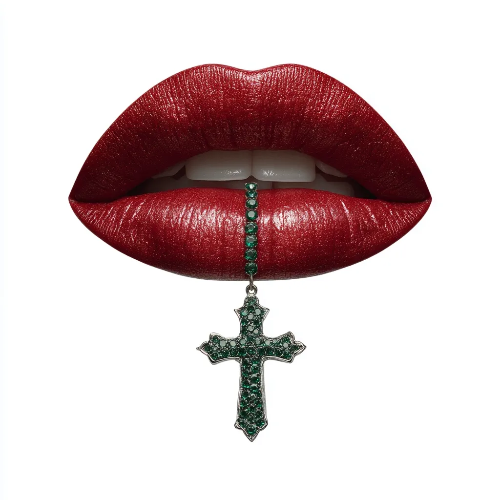 Close-up of a pair of full, luscious red lips.  A silver cross pendant, adorned with emerald green gemstones, hangs between the lips. The image is striking and bold, creating a visually arresting contrast between the vibrant red and the deep green.  The cross adds an element of intrigue and symbolism.
