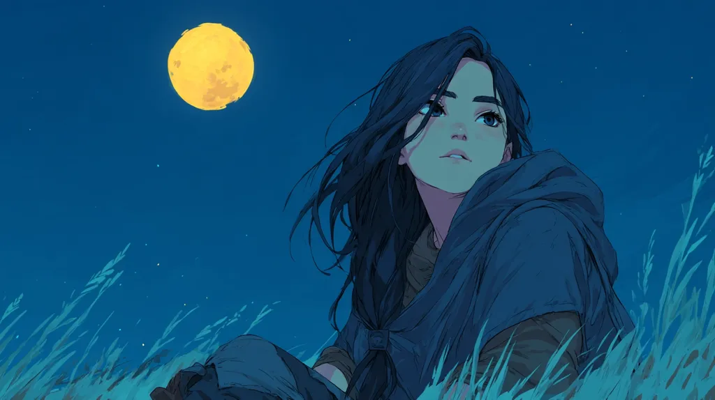 A young woman with long dark hair sits in tall grass under a large, yellow moon and a dark blue night sky.  She gazes upward, her expression serene yet pensive.  The art style is reminiscent of anime, with soft lines and a muted color palette emphasizing the nocturnal setting. The overall mood is calm and contemplative.