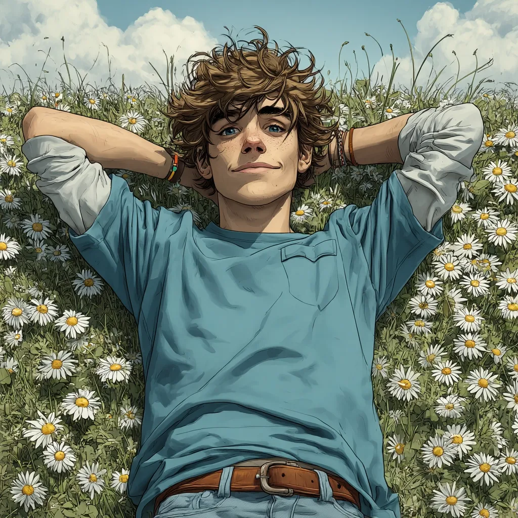 A young man with light brown, wavy hair relaxes in a field of daisies. He's wearing a teal t-shirt and jeans, his arms are behind his head, and he gazes serenely upward. The sunlit scene evokes a sense of peace and contentment.  His expression is gentle and his posture relaxed, conveying a feeling of carefree happiness.