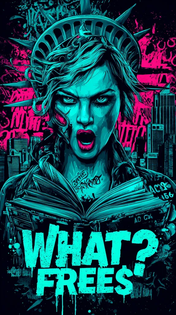 A vibrant, stylized illustration features a woman resembling the Statue of Liberty, her face bearing a fierce, almost monstrous expression.  She's depicted with a teal and pink color scheme against a backdrop of a cityscape.  The words "WHAT? FREES" are prominently displayed in a distressed, graffiti-like font, suggesting a rebellious or questioning theme. The overall style is gritty and urban, with heavy use of texture and bold colors.