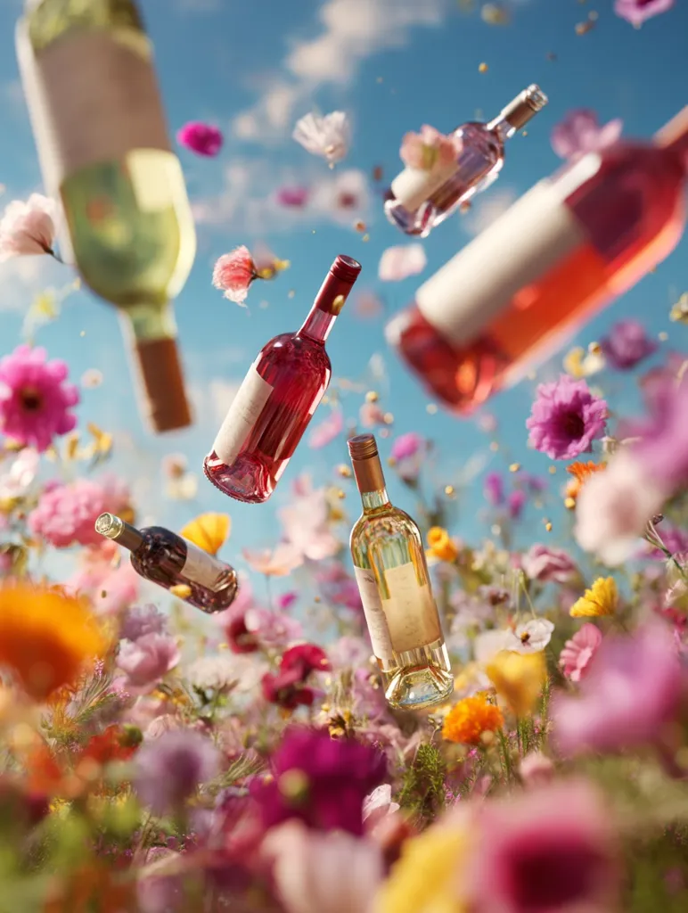 Multiple wine bottles, in varying colors including rose, white, and red, are captured mid-air against a vibrant backdrop of colorful flowers. The bottles appear to be falling or floating, creating a whimsical, celebratory scene.  Petals scatter around the bottles, adding to the lively, festive atmosphere of the image.