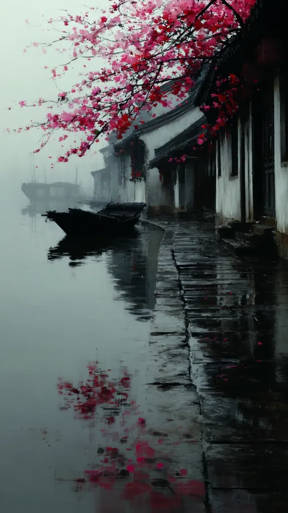 A misty, tranquil scene unfolds along a canal in a Chinese village.  Rows of traditional houses line the waterway, their grey walls softened by the fog. A small boat rests gently on the water, mirroring the buildings and blossoming pink tree overhead. The vibrant pink blossoms contrast with the muted greys and blacks of the architecture and water, creating a serene and evocative image.  The wooden walkway is slick with rain or mist.