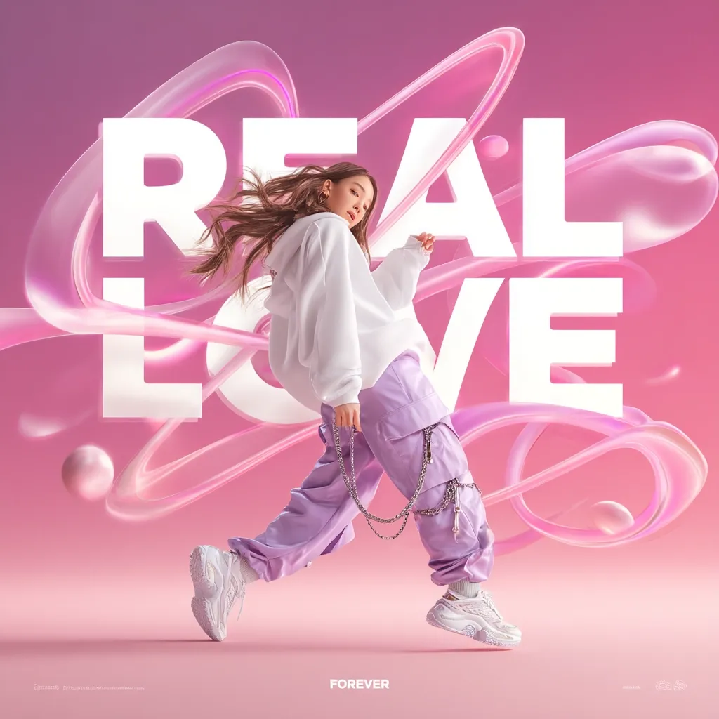 A young woman in lavender cargo pants and a white hoodie dynamically poses against a backdrop of swirling pink abstract forms.  The words "REAL LOVE" are prominently displayed, suggesting a theme of genuine affection.  The overall aesthetic is vibrant, youthful, and stylish, with a focus on movement and energy.  The word "FOREVER" is subtly placed at the bottom.