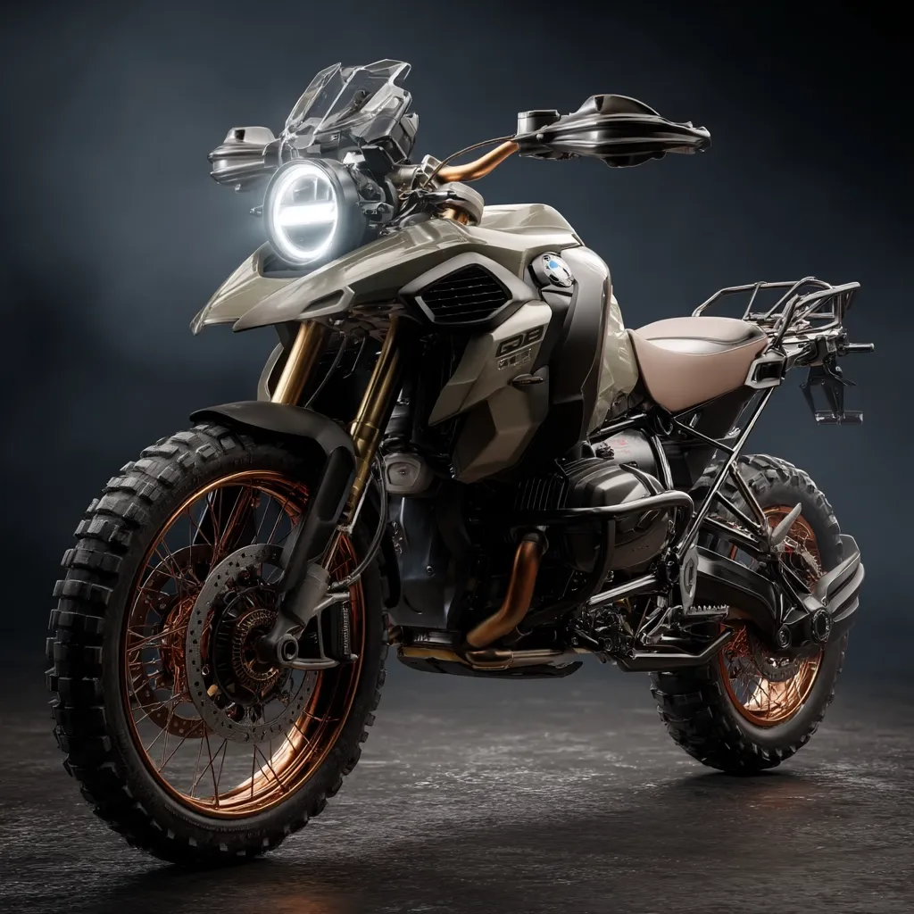 A sleek, customized BMW R1250 GS adventure motorcycle is showcased.  Its matte olive-green body contrasts with copper-colored wheels and accents.  The bike features rugged off-road tires, a large headlight, and a luggage rack, suggesting its readiness for long-distance travel. The overall aesthetic blends adventure-ready functionality with a refined, almost vintage, style.