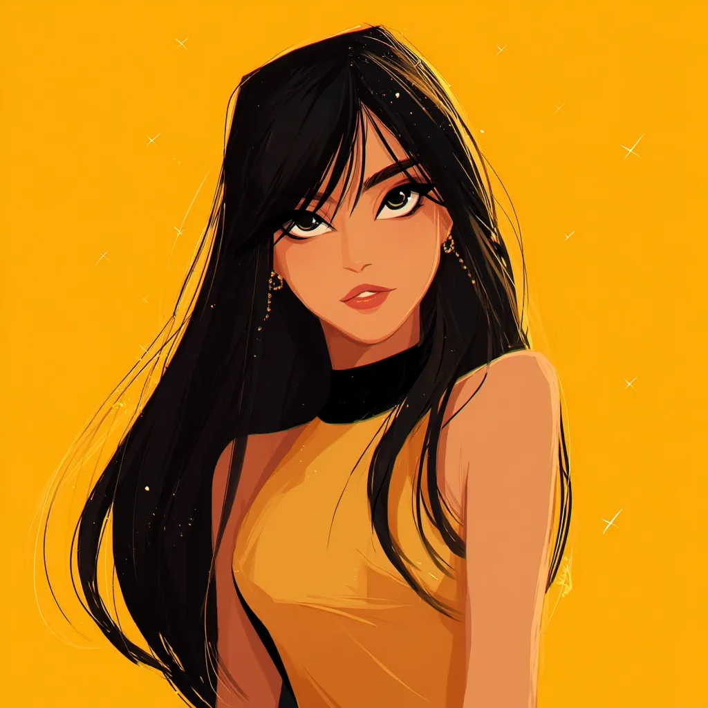 A stylized illustration of a young woman with long, dark hair that falls past her shoulders. She's wearing a mustard-yellow sleeveless top and delicate gold earrings. Her expression is soft and her gaze is directed slightly away from the viewer, creating a serene and fashionable image against a vibrant yellow background.  Subtle sparkles add a touch of magic to the scene.