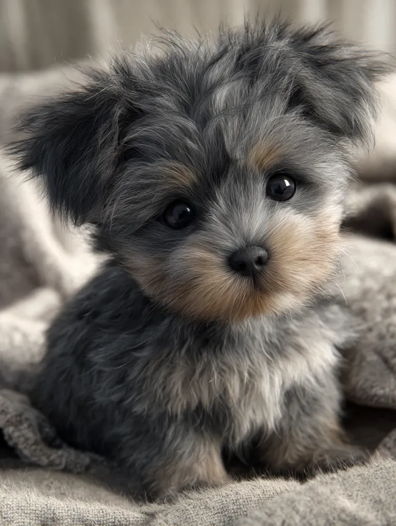 An adorable fluffy puppy, predominantly grey with hints of tan, sits nestled on a beige textured fabric.  Its large, dark eyes and endearing expression create a captivating image. The puppy's fur is thick and appears soft, enhancing its overall cuteness.  The muted background focuses attention solely on the charming canine.