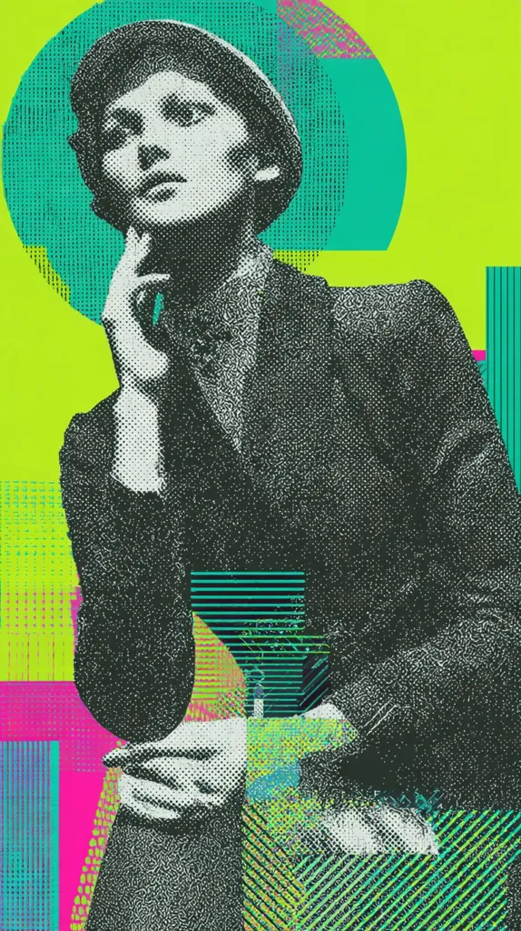 A stylized portrait of a woman in a newsboy cap, rendered in a halftone style.  She's depicted from the chest up, her hand resting thoughtfully on her chin. The background is a vibrant collage of geometric shapes and contrasting colors, primarily teal, green, and pink, creating a dynamic and modern aesthetic. The overall effect is bold and graphic, suggestive of a vintage print given a contemporary remix.
