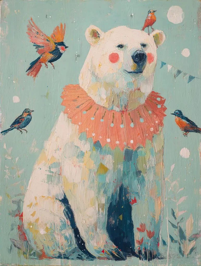 A whimsical painting depicts a polar bear adorned with a coral ruffled collar.  Surrounding the bear are several small birds, some perched on its head, others flying nearby.  The background is a soft, teal-aqua color with faint stars and white circles, creating a dreamy, fairytale-like atmosphere. The painting style is loose and textural, with visible brushstrokes.