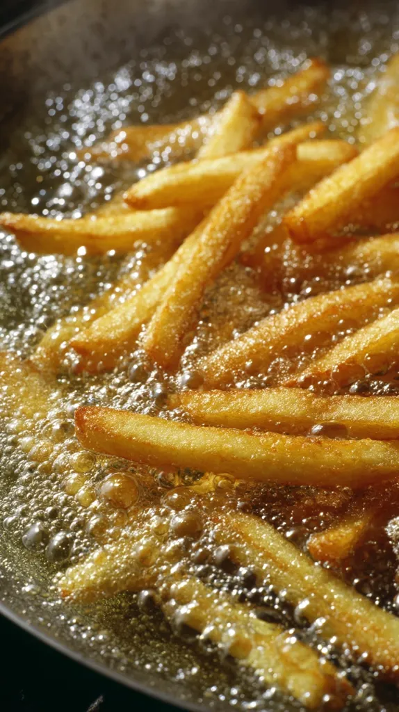 Golden french fries are submerged in bubbling hot oil within a large, dark pan. The fries are partially cooked, showing a light golden-brown color.  The oil is actively frying the potatoes, creating a lively, bubbly surface.  The scene is a close-up view emphasizing the texture and the frying process.