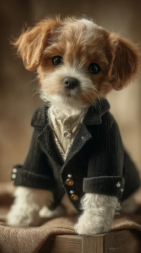 A fluffy brown and white puppy, possibly a Cockapoo or similar breed, is dressed in a miniature black corduroy jacket with pearl-like buttons.  The jacket is styled like a formal suit, complete with a collared shirt underneath. The puppy sits on a brown fabric surface, gazing directly at the camera with large, expressive eyes.  Its fur is soft and tousled, giving it an endearing appearance.