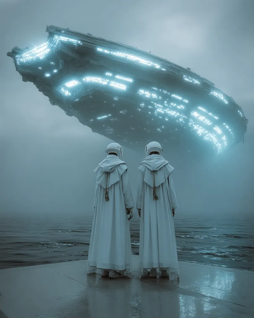 Two figures in white hooded robes stand on a dock overlooking a calm sea.  A massive, futuristic spaceship, glowing faintly with inner light, hovers silently in the misty sky above them.  The scene is atmospheric and evokes a sense of mystery and anticipation, suggesting a momentous arrival or encounter. The overall color palette is cool and muted, enhancing the ethereal mood.