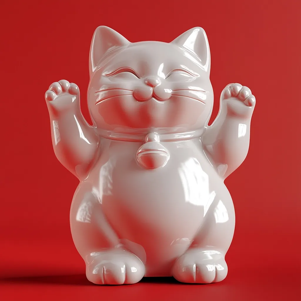 A glossy white Maneki-neko, or beckoning cat, figurine sits against a vibrant red background.  Its paws are raised in a welcoming gesture, and it wears a small bell around its neck. The cat's expression is serene and cheerful, embodying the traditional symbol of good luck and fortune. The smooth, polished surface reflects light, enhancing its captivating presence.