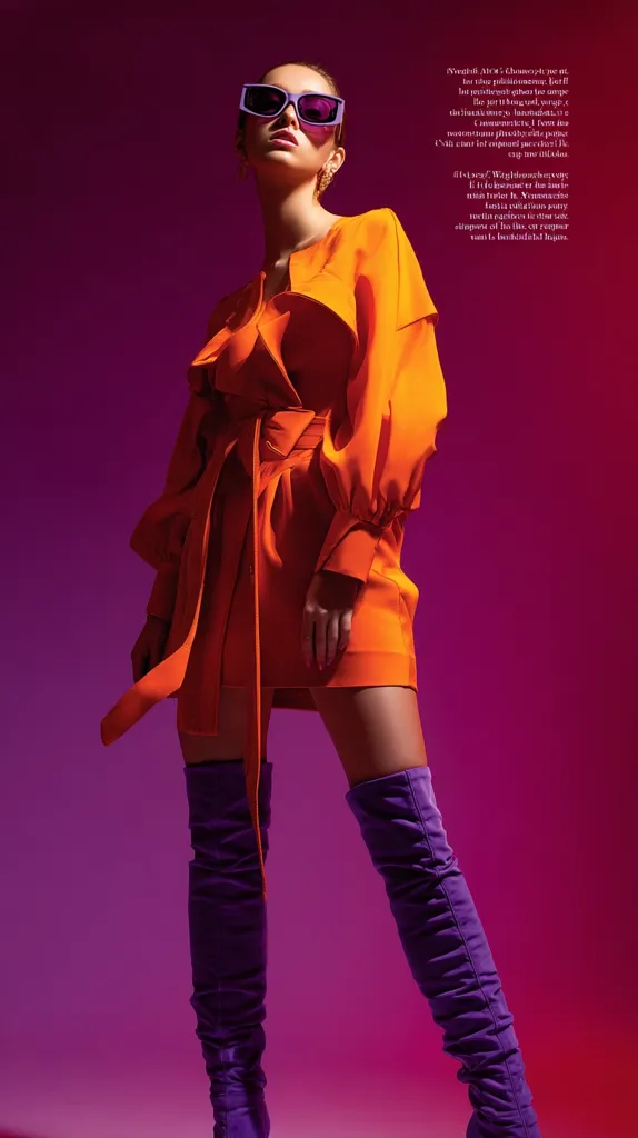 A fashion model, wearing vibrant orange mini dress with a belted waist and puffy sleeves, poses against a deep purple background.  She sports purple over-the-knee boots and square-framed sunglasses. The overall aesthetic is bold and colorful, showcasing a modern and stylish look.