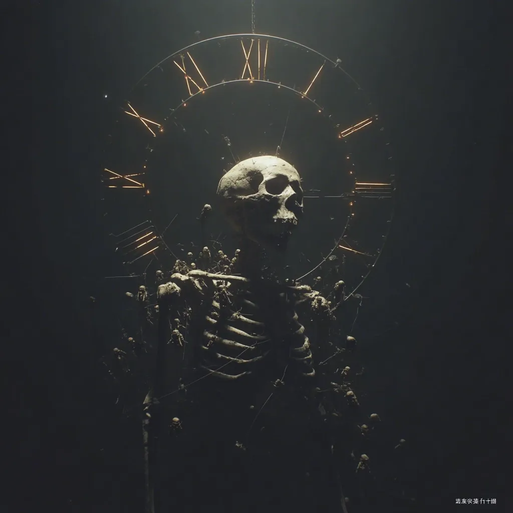 A dark, atmospheric image depicts a large skeletal figure, its skull prominent at the top.  The skeleton is surrounded and partially composed of numerous smaller skulls, creating a macabre and intricate design. A golden clock face encircles the figure, suggesting the passage of time and mortality. The overall tone is somber and evokes themes of death and the ephemeral nature of life.