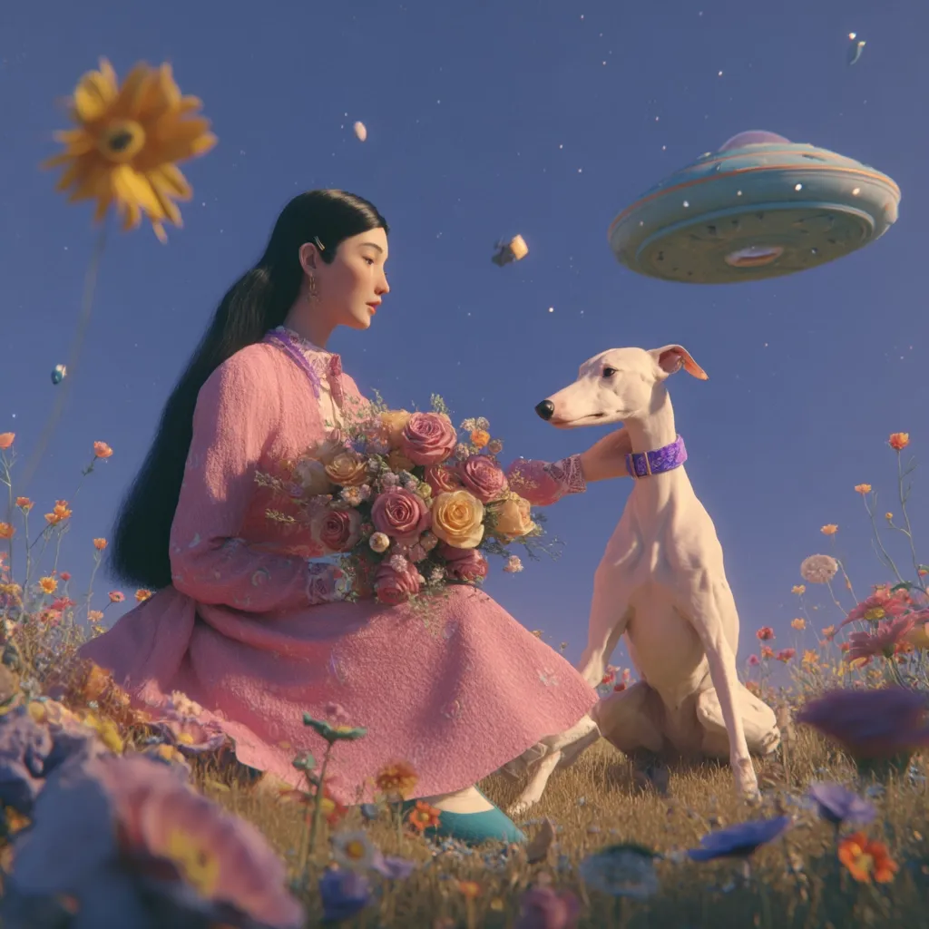 A young woman in a pink dress sits in a field of flowers, cradling a bouquet.  Beside her sits a white whippet, calmly observing.  The whimsical scene is set against a twilight sky, with a flying saucer visible in the distance, adding a surreal element to the idyllic setting.  Pastel colors and soft lighting create a dreamy, ethereal mood.