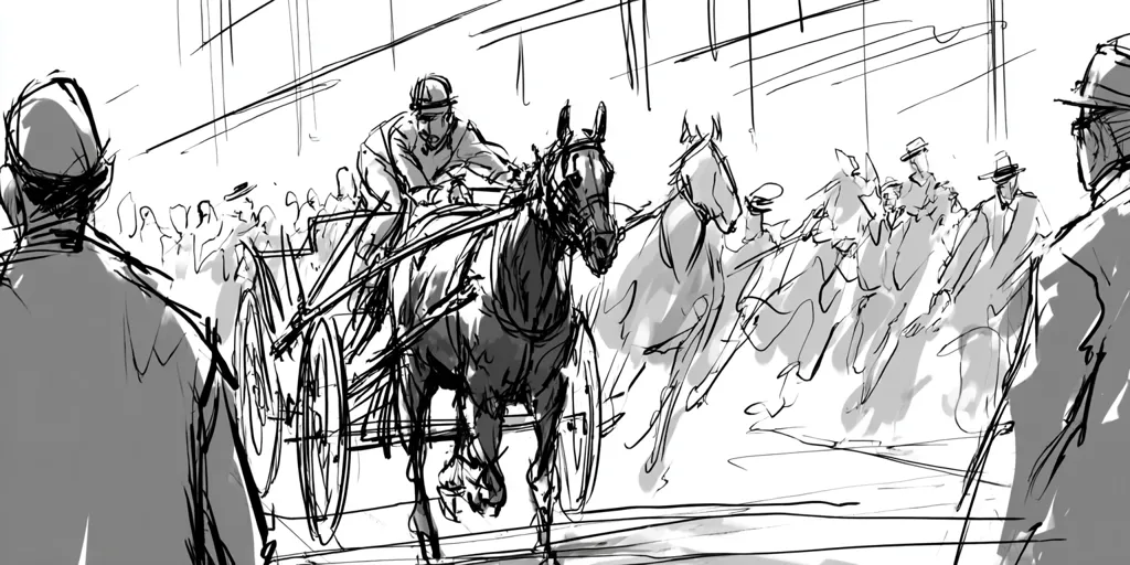 A black and white sketch depicts a thrilling horse race. A jockey leans forward, urging his horse onward in a two-wheeled cart.  Other horses and jockeys race alongside, blurred in motion.  Spectators fill the background, their forms suggested by quick lines, creating a sense of energy and excitement. The overall style is loose and dynamic, emphasizing movement and atmosphere.