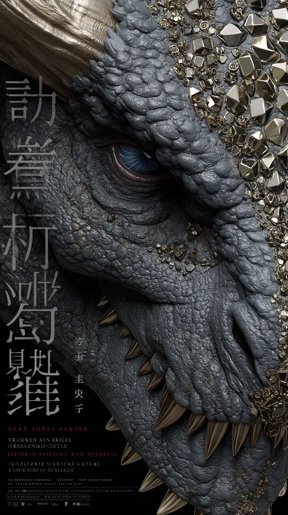 A close-up of a dragon's face, detailed with textured gray skin and gold accents.  Its eye is partially visible, and sharp teeth are prominent along its jawline.  Chinese characters are displayed vertically to the left, while smaller text at the bottom provides additional information. The overall impression is one of powerful, mythical creature.