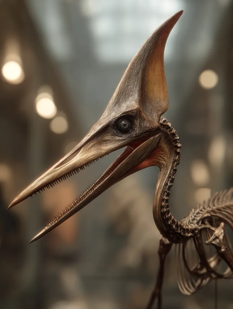 Close-up view of a pterosaur skeletal model.  The model is intricately detailed, showcasing its long, pointed beak lined with tiny teeth, and prominent cranial crest.  The skeletal structure of the neck and body is also visible, revealing the delicate bone structure. The background is blurred, suggesting a museum or exhibit setting. The overall color palette is warm browns and tans.