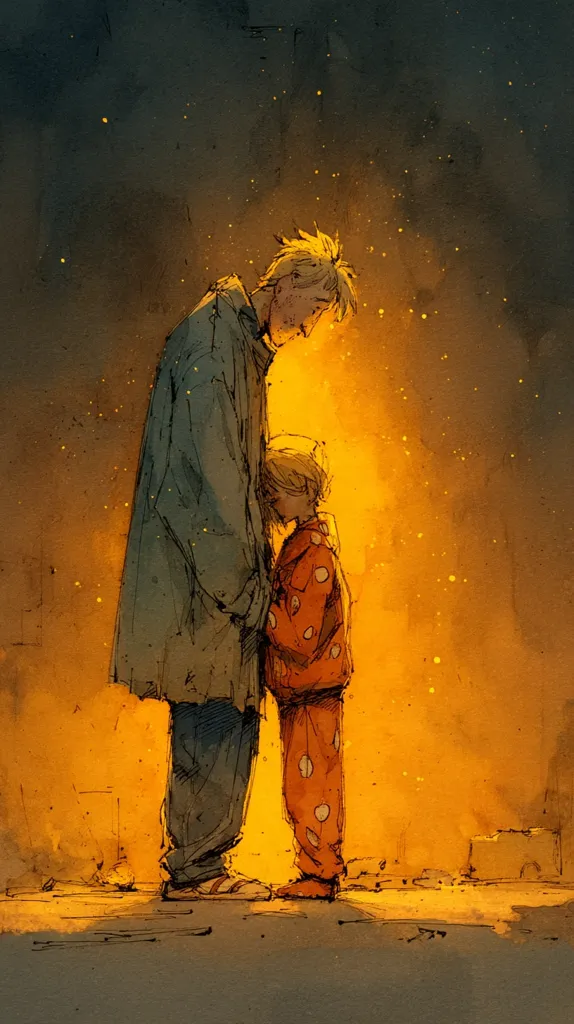 A poignant illustration depicts a father and child standing close, heads bowed.  The father, in a long coat, leans down towards the smaller child in orange pajamas.  The warm, orange background suggests a setting sun or firelight, creating a feeling of intimacy and vulnerability. The style is loose and expressive, emphasizing emotion over precise detail.  The overall mood is one of quiet sadness or contemplation.