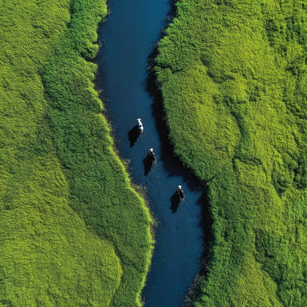 An aerial shot reveals three cows wading through a narrow, dark river. The river snakes through vibrant green, lush vegetation, creating a striking contrast. The scene is peaceful and serene, showcasing the natural beauty of the landscape.  The cows appear small from this high vantage point, emphasizing the expanse of the surrounding wetlands.