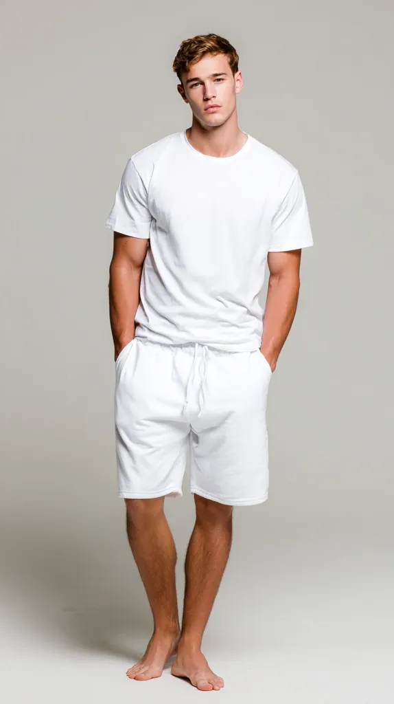 A young man with light brown hair stands against a gray backdrop. He is dressed in a simple, all-white outfit: a crew-neck t-shirt and loose-fitting shorts. His hands are casually placed in his pockets.  His expression is serious and he appears relaxed.  The overall image is clean and minimalist.