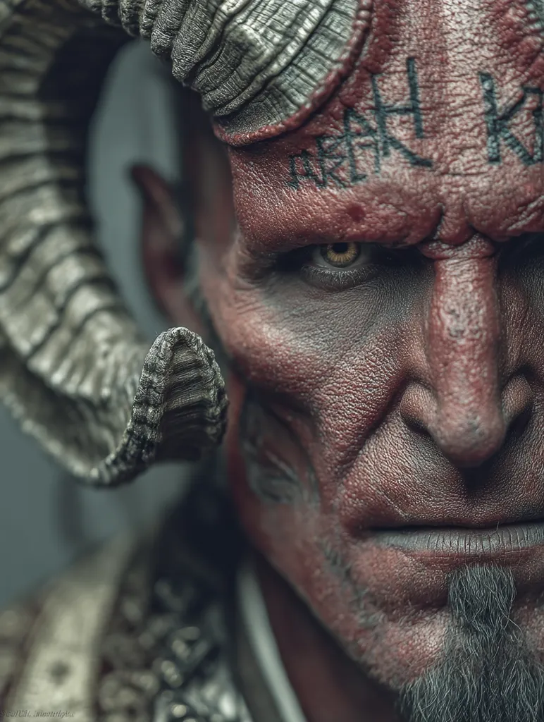 A close-up reveals a demonic figure, his crimson skin etched with arcane symbols.  One large, curved horn is partially visible, hinting at a larger, imposing form.  His intense gaze, accentuated by yellow eyes, and a stern expression create a powerful, intimidating image. The detail in his textured skin and facial hair adds to the realism and unsettling nature of the portrait.