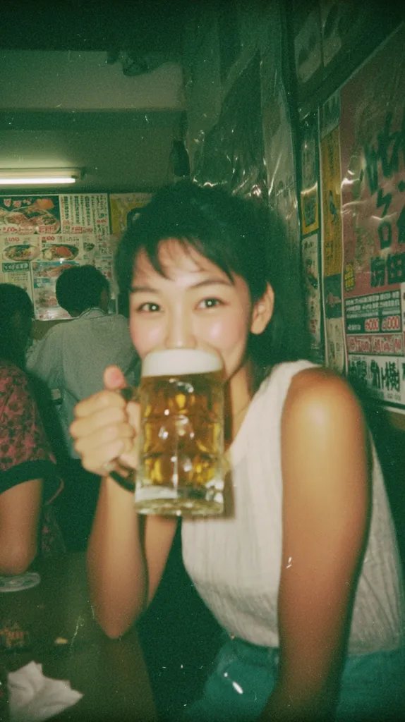 A young woman with dark hair sits in a dimly lit restaurant, holding a large beer mug.  She's smiling, wearing a white tank top and jeans.  The background is blurry but shows Japanese menu boards and posters on the walls.  The image has a grainy, nostalgic quality, reminiscent of a vintage photograph.