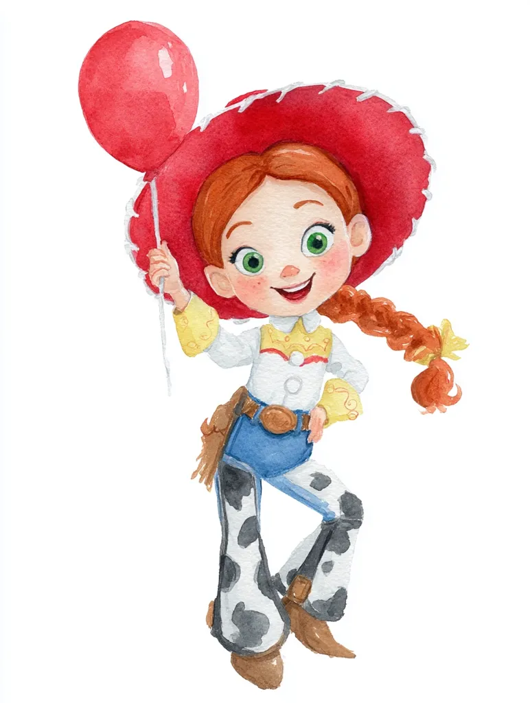 A watercolor painting depicts a charming cartoon girl, styled like Jessie from Toy Story.  She's dressed in a red cowboy hat, yellow shirt, blue jeans with cow print chaps, and brown boots.  A bright red balloon is held playfully in her hand, adding a festive touch. Her cheerful expression and vibrant outfit create a delightful image.
