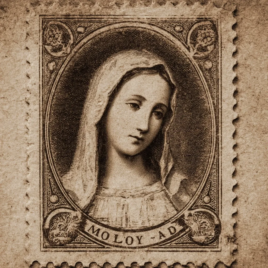 A sepia-toned postage stamp features an engraved image of the Virgin Mary, her face serene and veiled.  The stamp's ornate border includes floral motifs.  "MOLOY-AD" is inscribed at the bottom, likely indicating the issuing entity or location. The stamp shows signs of age and wear, adding to its antique charm.  The textured paper background enhances the vintage aesthetic.