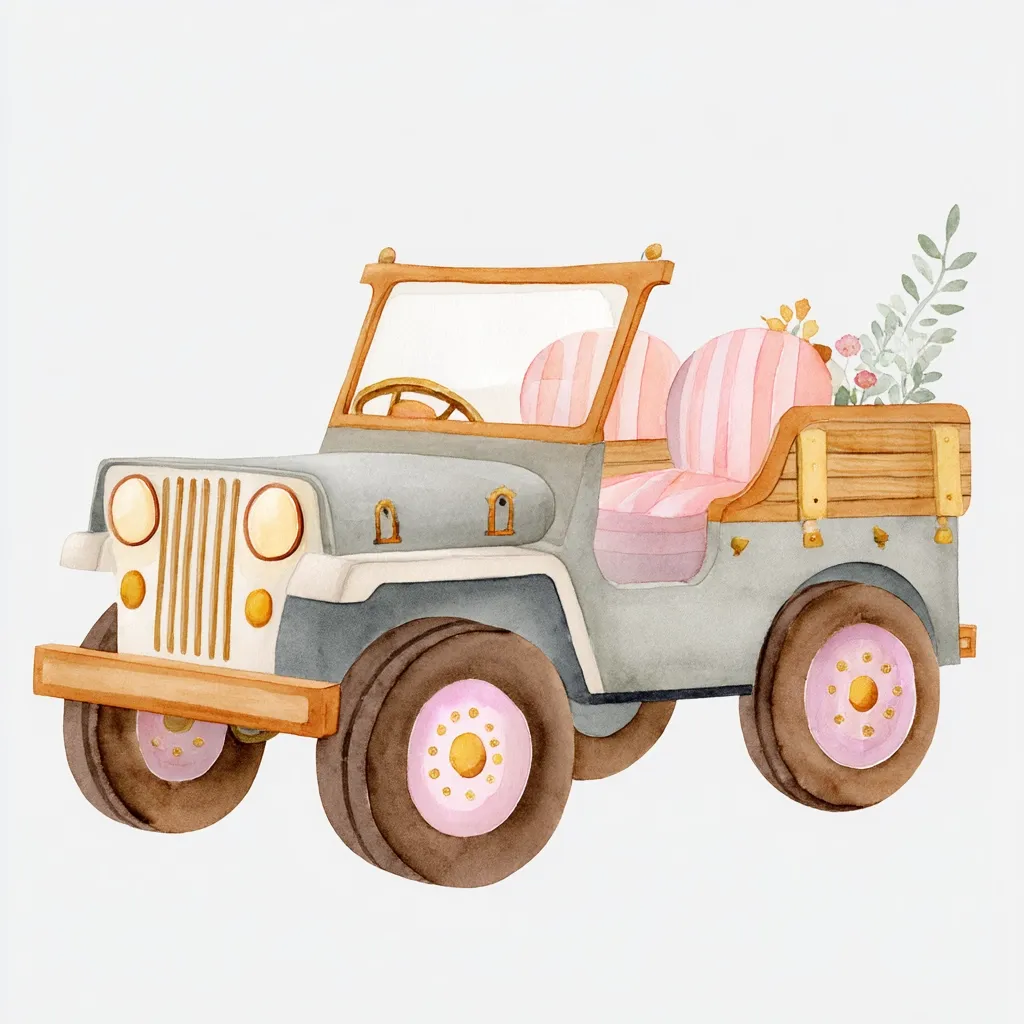 A charming watercolor illustration depicts a vintage jeep in muted grey and light pink. The jeep boasts a wooden back carrying a small bouquet of flowers and greenery.  Its seats are striped pink, and the wheels feature gold detailing. The overall style is soft, whimsical, and perfect for children's decor.
