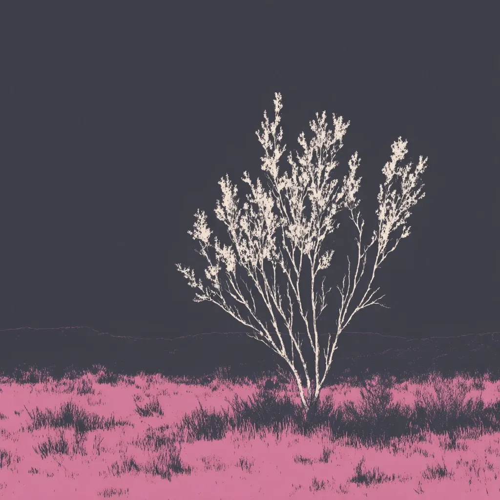 A stylized image depicts a single, white-colored tree standing prominently against a dark, purplish-gray background. The tree's branches spread outwards, suggesting a desert or arid landscape.  The foreground showcases a field of pinkish-purple brush or low-lying vegetation, creating a stark contrast against the tree and the background. The overall aesthetic is minimalist and somewhat surreal.