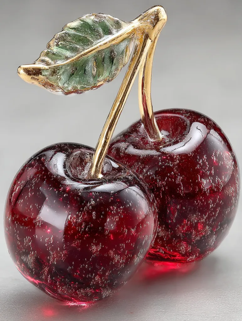 A stunning glass sculpture of two cherries.  The deep red glass is infused with tiny bubbles, giving it a sparkling texture.  The stem and leaf are crafted from gold-toned metal, adding a touch of elegance.  The piece is highly detailed and realistically portrays the juicy appearance of ripe cherries.  It is a beautiful decorative object, perfect for adding a touch of sophisticated whimsy to any setting.