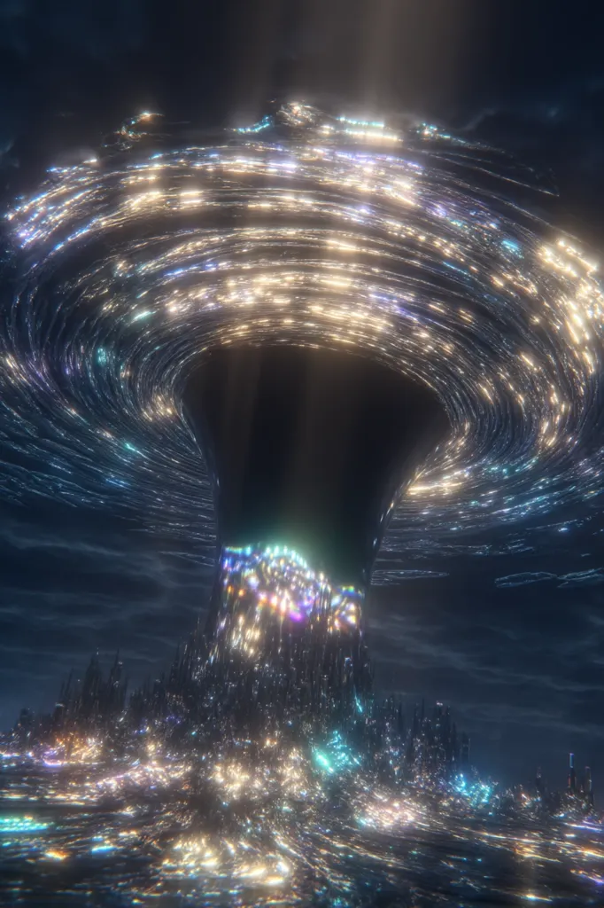 A mesmerizing digital artwork depicts a colossal, swirling vortex of light and energy descending upon a futuristic cityscape. The vortex, resembling a giant funnel, is adorned with vibrant, iridescent streaks of light, creating a breathtaking spectacle against a dark, cloudy sky. The city below reflects the ethereal glow, immersing the scene in an otherworldly atmosphere. The overall impression is one of awe and wonder, hinting at a powerful, possibly supernatural event unfolding.
