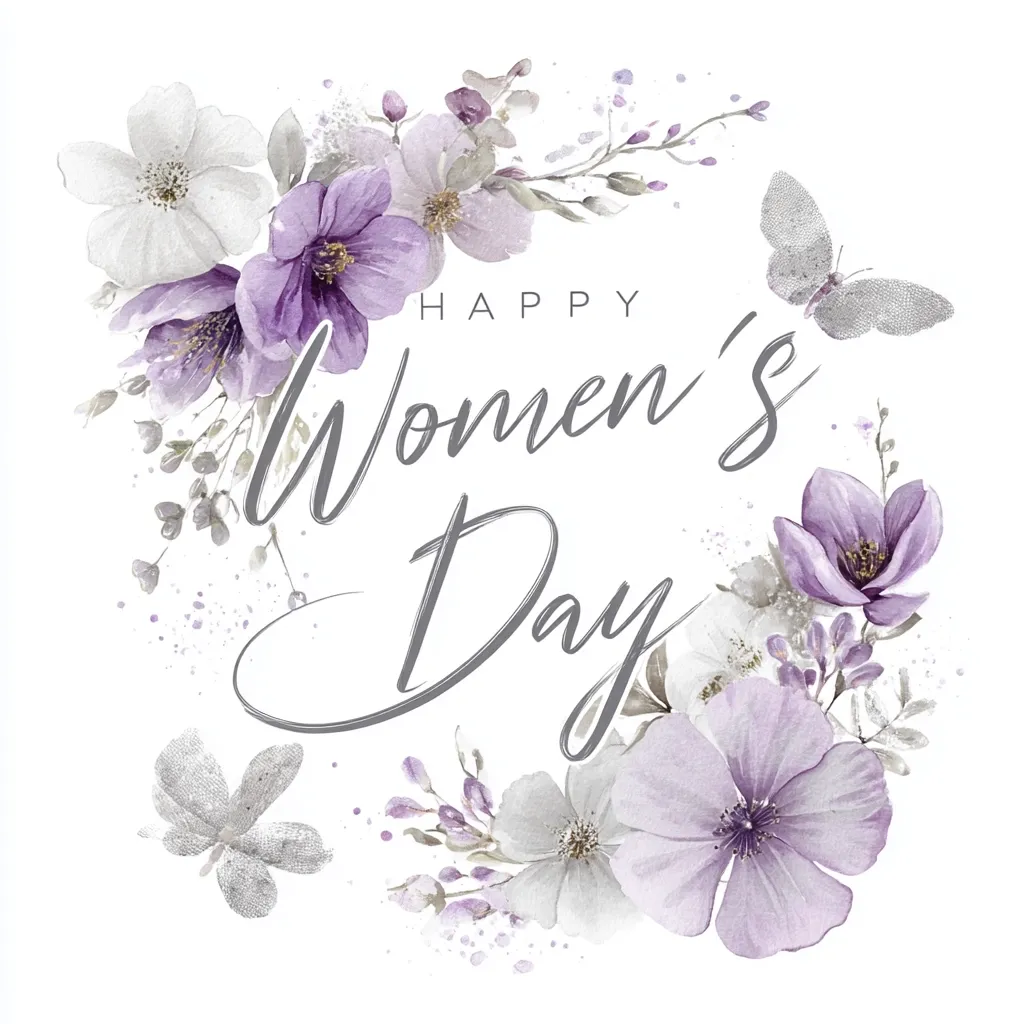 A watercolor floral wreath in shades of purple and gray surrounds the elegant script "Happy Women's Day." Delicate flowers and silver butterflies adorn the design, creating a sophisticated and delicate greeting for International Women's Day.  The soft color palette and artistic style convey a sense of grace and celebration.