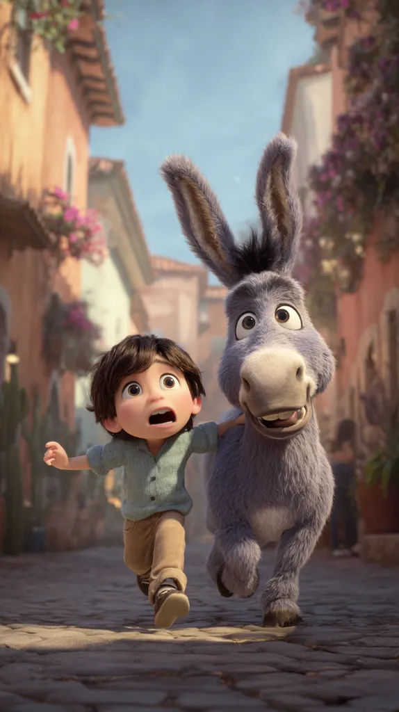 A young boy with dark hair runs down a cobblestone street, holding onto a friendly-looking gray donkey.  The donkey's ears are large and floppy, and its expression is cheerful.  The background features a quaint, sun-drenched town with colorful buildings and flowering plants.  The scene suggests a whimsical and adventurous animation.