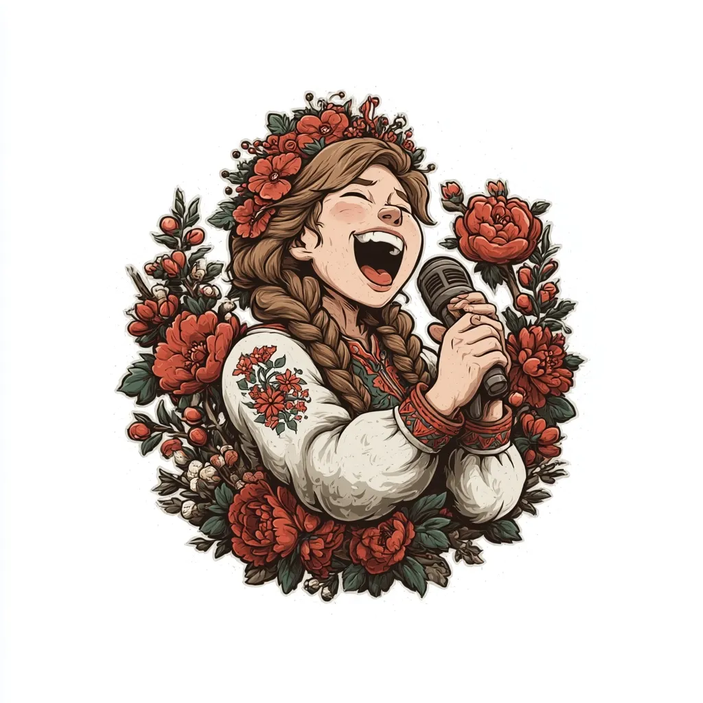 A vibrant illustration depicts a woman, adorned in a traditional embroidered blouse and floral crown, passionately singing into a microphone.  Her long braids frame her face as she belts out a song, surrounded by a lush arrangement of red flowers. The style is reminiscent of vintage artwork, with rich colors and detailed textures.  The overall mood is one of joyful expression and cultural pride.