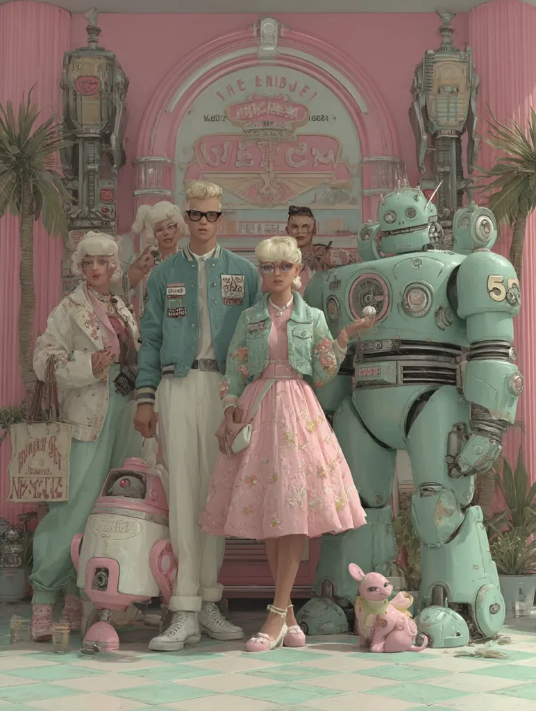 A pastel-colored scene depicts a group of stylish individuals and robots in front of a retro jukebox.  The fashion is a blend of 50s styles and futuristic elements.  Two women in pink dresses stand near a teal robot, flanked by men in pastel jackets. Smaller robots and a plush rabbit-like creature add to the whimsical atmosphere. The setting is a candy-colored diner with Art Deco influences.