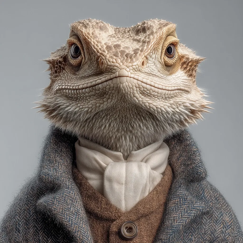 A bearded dragon's head is seamlessly merged onto a human body, dressed in a sophisticated tweed jacket and high-collared shirt.  The reptile's serious expression and the formal attire create a humorous juxtaposition. The image is well-lit against a neutral gray backdrop, highlighting the detail of both the reptile's textured skin and the fabric of the clothing.