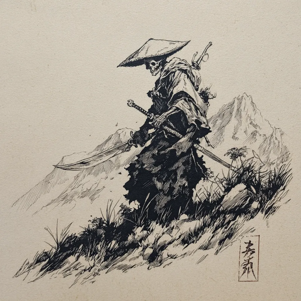 A monochrome ink drawing depicts a skeletal samurai, clad in traditional robes and a wide-brimmed hat, traversing a mountainous landscape.  Two swords are sheathed at his side.  The style is dark and detailed, emphasizing the stark contrast between the figure and the muted background.  The artist's signature is visible in the bottom right corner.  The overall impression is one of quiet strength and somber contemplation.