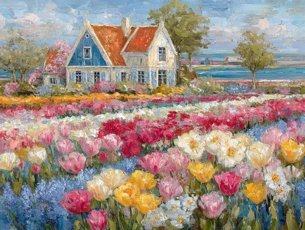 A charming oil painting depicts a quaint blue and white house with a red-tiled roof nestled amidst a vibrant field of tulips.  The tulips display a rainbow of colors, creating a stunning floral display that stretches towards a calm body of water visible in the distance. Lush green trees frame the scene, adding depth and tranquility to the idyllic landscape. The painting's impasto style adds texture and vibrancy to the already colorful scene.