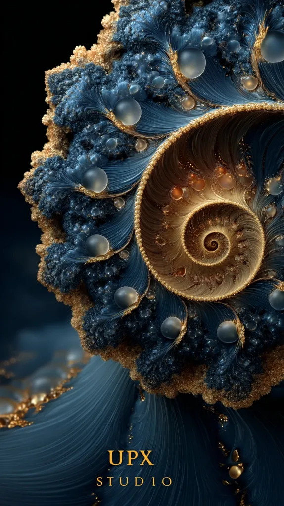 A mesmerizing fractal artwork by UPX Studio.  Deep teal and gold hues create a swirling, organic form resembling a nautilus shell.  The intricate details include textured surfaces, glistening orbs, and a golden spiral at its heart.  The piece evokes a sense of elegance and mystery, with a rich, luxurious aesthetic.