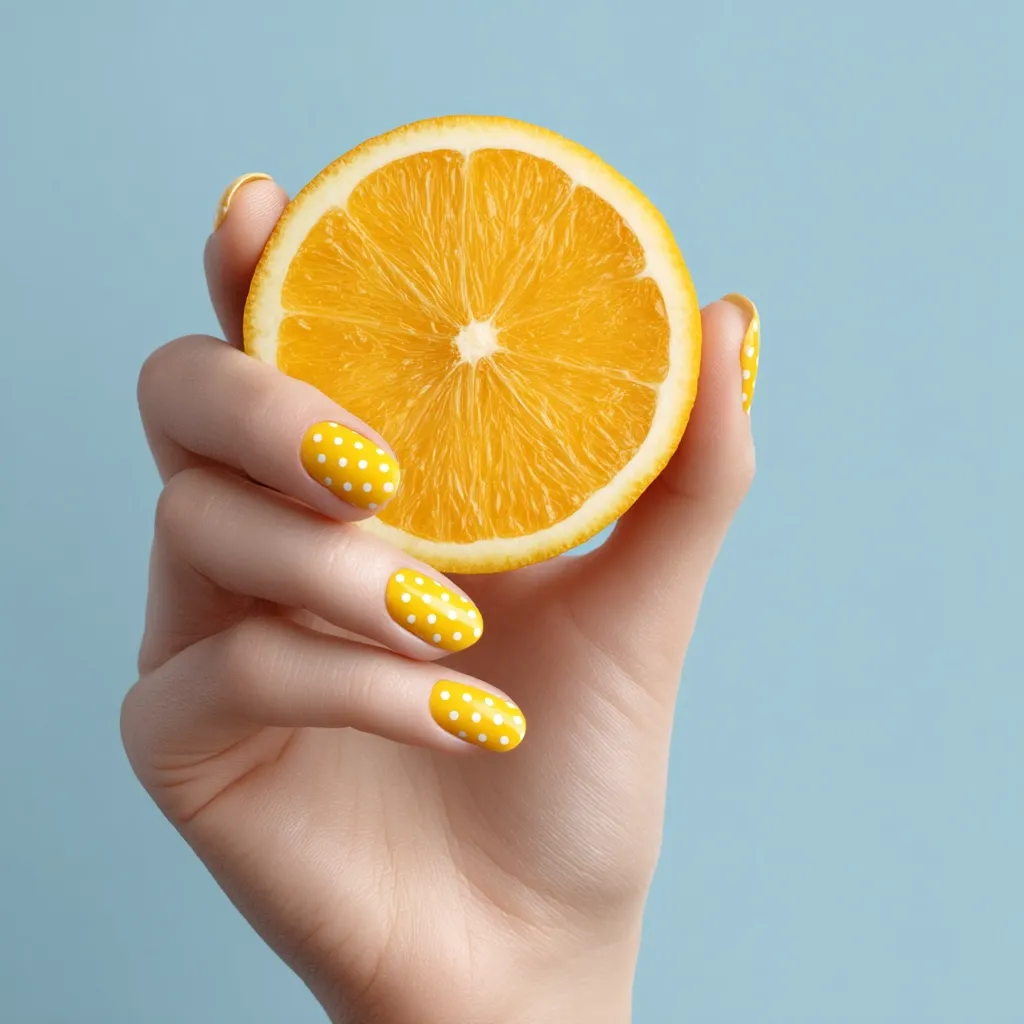 A hand with yellow polka dot nails delicately holds a juicy orange slice against a pale blue backdrop.  The vibrant yellow of the nails complements the bright citrus fruit, creating a cheerful and summery image. The focus is on the contrast between the manicure and the fresh, natural orange.