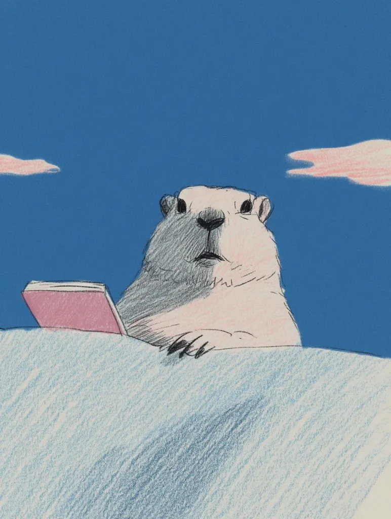 A marmot, rendered in a soft, illustrative style, sits atop a textured surface against a clear blue sky.  The marmot holds a small, pink book, its gaze directed upwards.  The overall tone is peaceful and whimsical, with muted colors and a slightly textured background suggesting a landscape.  The artwork evokes a sense of calm and quiet contemplation.