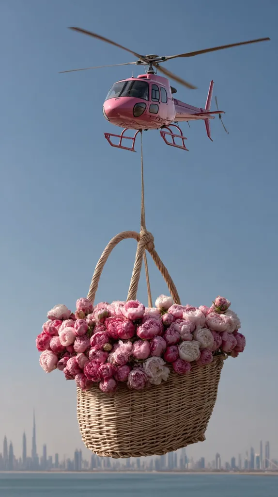 A vibrant pink helicopter hovers against a clear blue sky, delicately suspending a wicker basket overflowing with lush pink and white peonies.  The cityscape of Dubai, with its iconic skyscrapers, forms a hazy backdrop to this enchanting scene.  The overall image evokes a sense of luxury and romance.