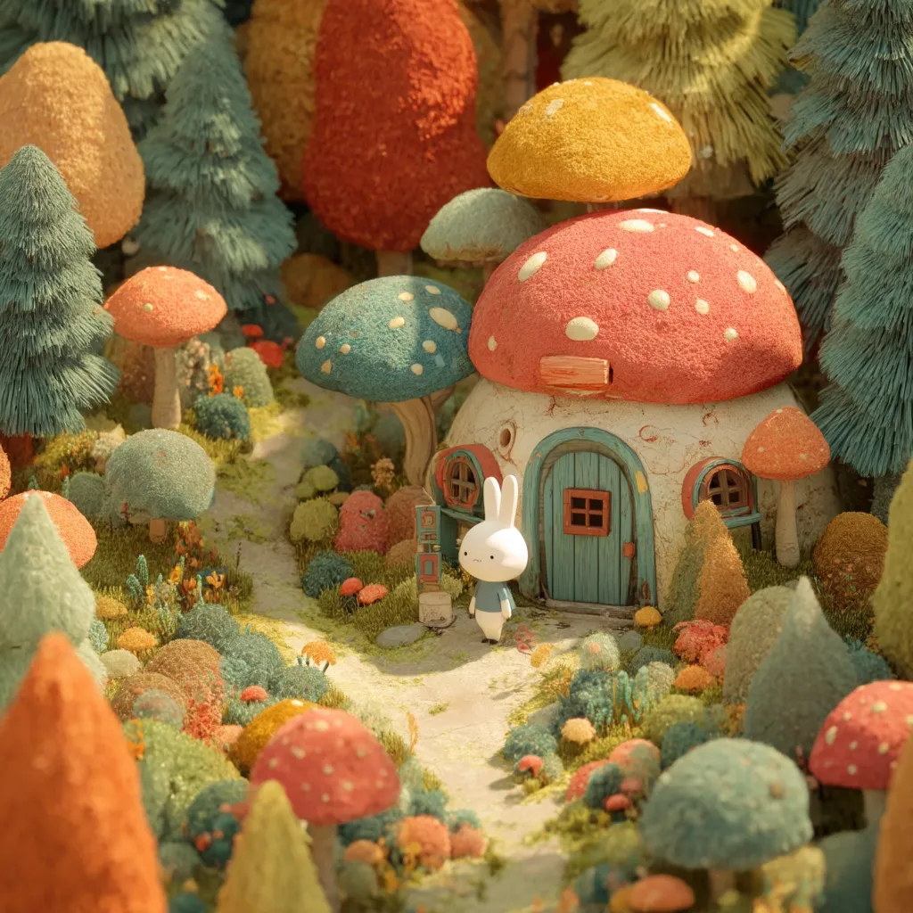 A whimsical 3D rendering depicts a charming bunny standing before a mushroom house nestled in a vibrant miniature forest.  Colorful mushrooms of varying sizes and textures populate the scene, along with miniature trees and lush, textured foliage.  The path leading to the house is subtly lit, creating a magical, storybook atmosphere. The overall style is cute and playful, suggesting a children's fantasy world.