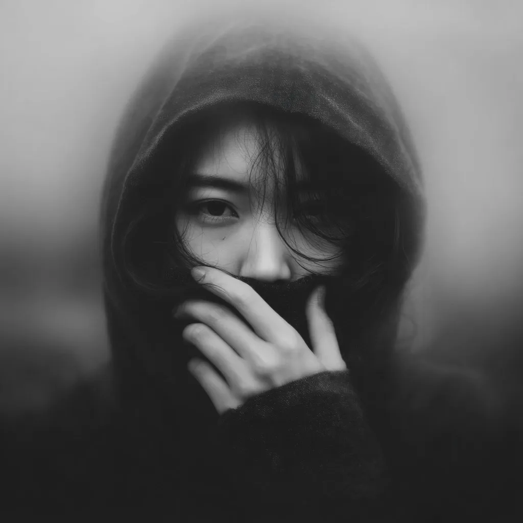 A black and white close-up portrait of a young woman. She is wearing a hooded sweatshirt, her face partially obscured by her hand and long hair.  The image is moody and atmospheric, with a soft focus and a hazy background, creating a sense of mystery and introspection. Her expression is hidden, conveying a feeling of vulnerability or secrecy.