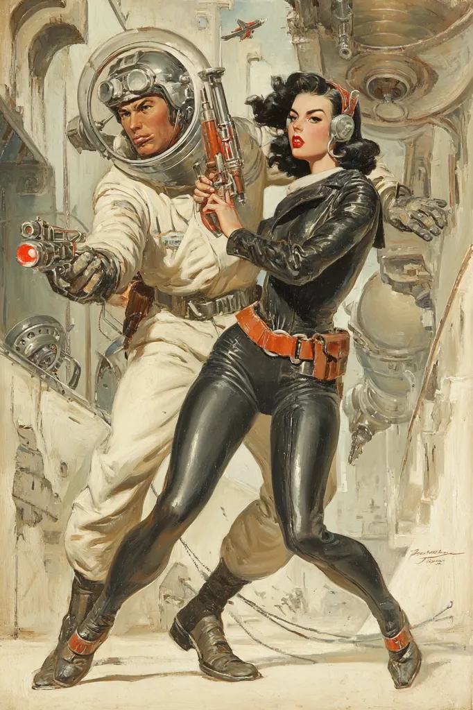 A vintage science fiction illustration depicts a futuristic scene. A woman in a black leather catsuit and a man in a white space suit are poised, armed with ray guns, amidst a backdrop of decaying urban structures and technological debris. The woman's dark hair and striking features contrast with the man's helmet, creating a dramatic visual narrative suggestive of adventure and danger.  The overall style evokes a mid-20th-century pulp magazine aesthetic.